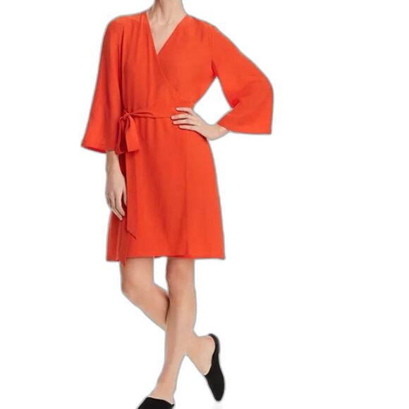 Bloomingdale’s Eileen Fisher 100% Silk Orange Midi Wrap Dress L Old Money Pretty - Picture 1 of 12